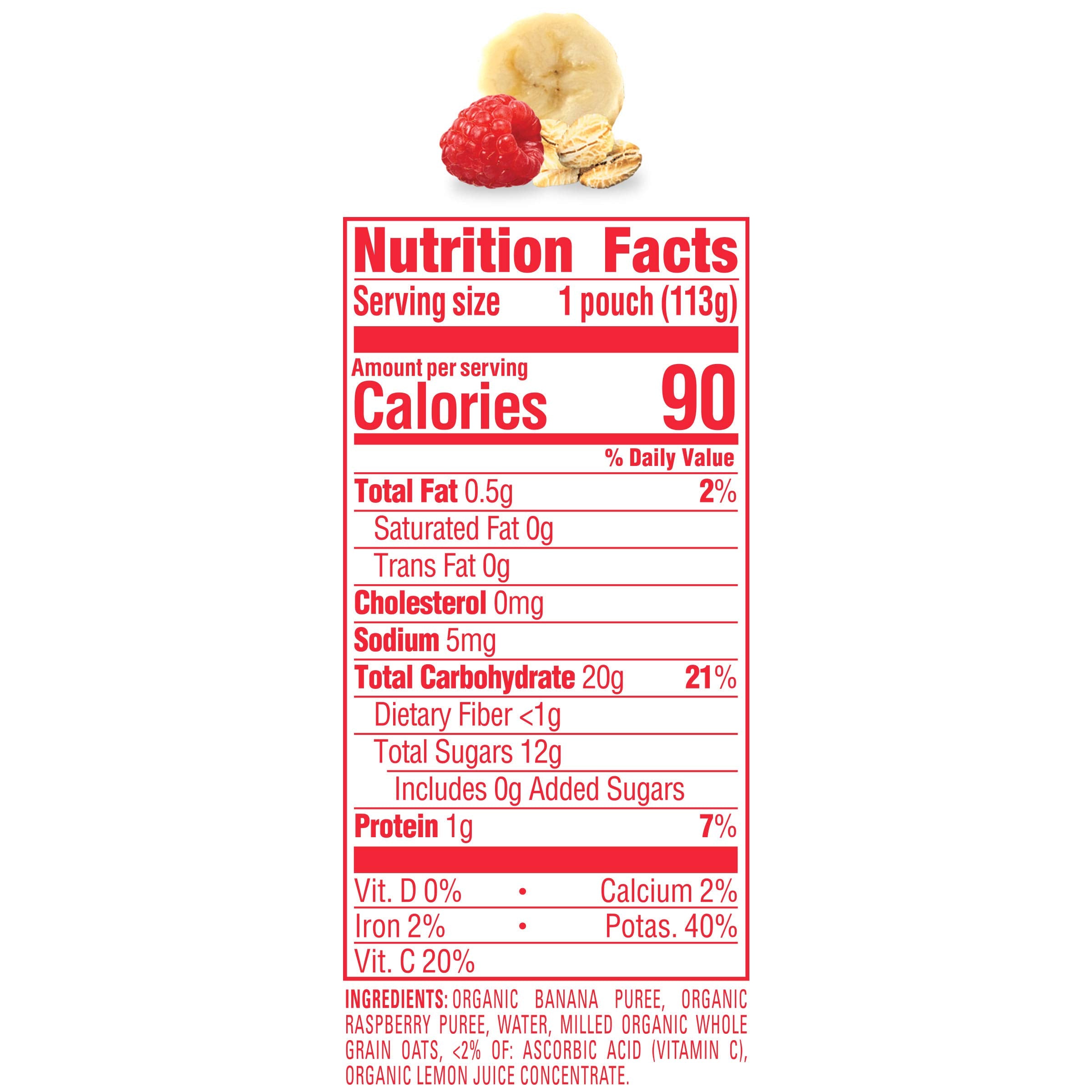 Happy Baby Organics clear packaging highlights bananas, raspberries and oats ingredients