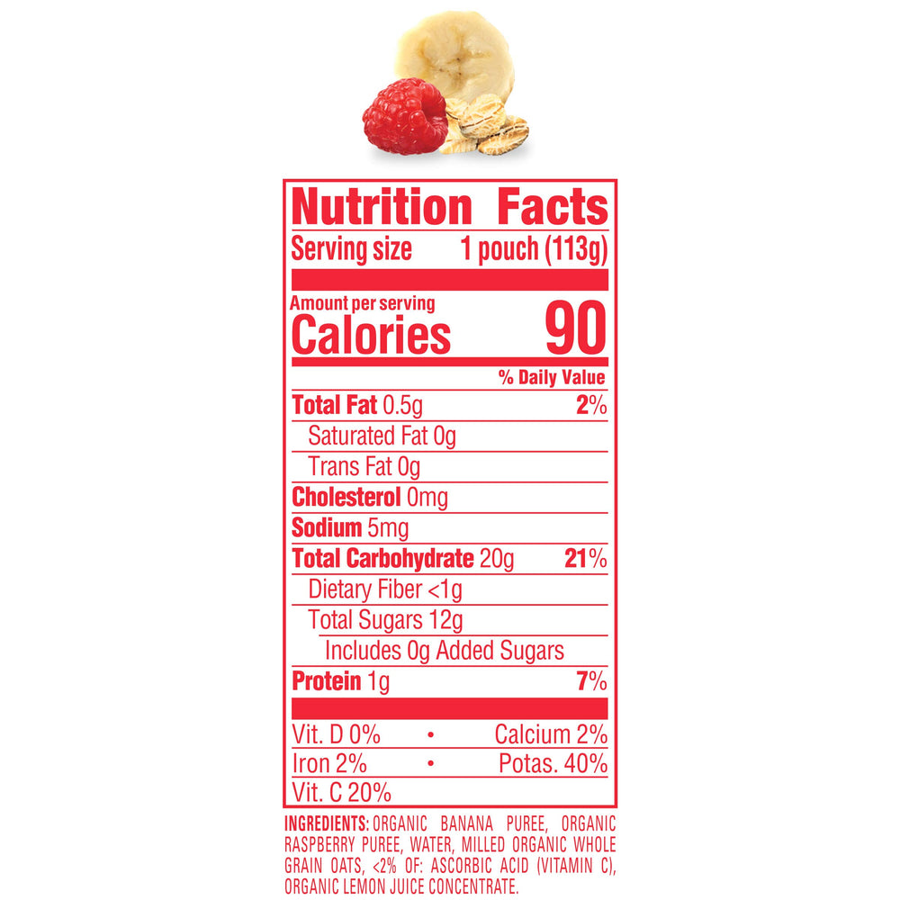 Happy Baby Organics clear packaging highlights bananas, raspberries and oats ingredients