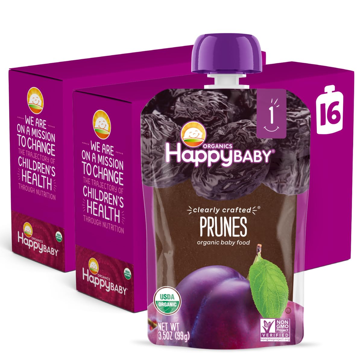 Happy Baby Organics clearly crafted Stage 1 prunes pouch, 16-pack, convenient for on-the-go feeding.