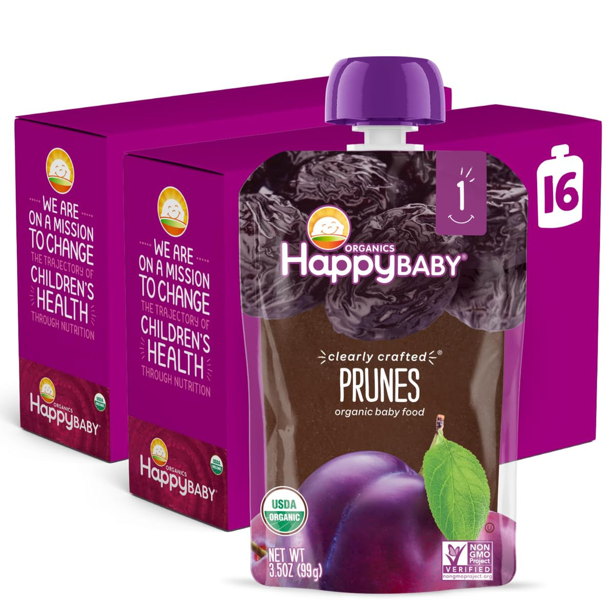 Happy Baby Organics clearly crafted Stage 1 prunes pouch, 16-pack, convenient for on-the-go feeding.