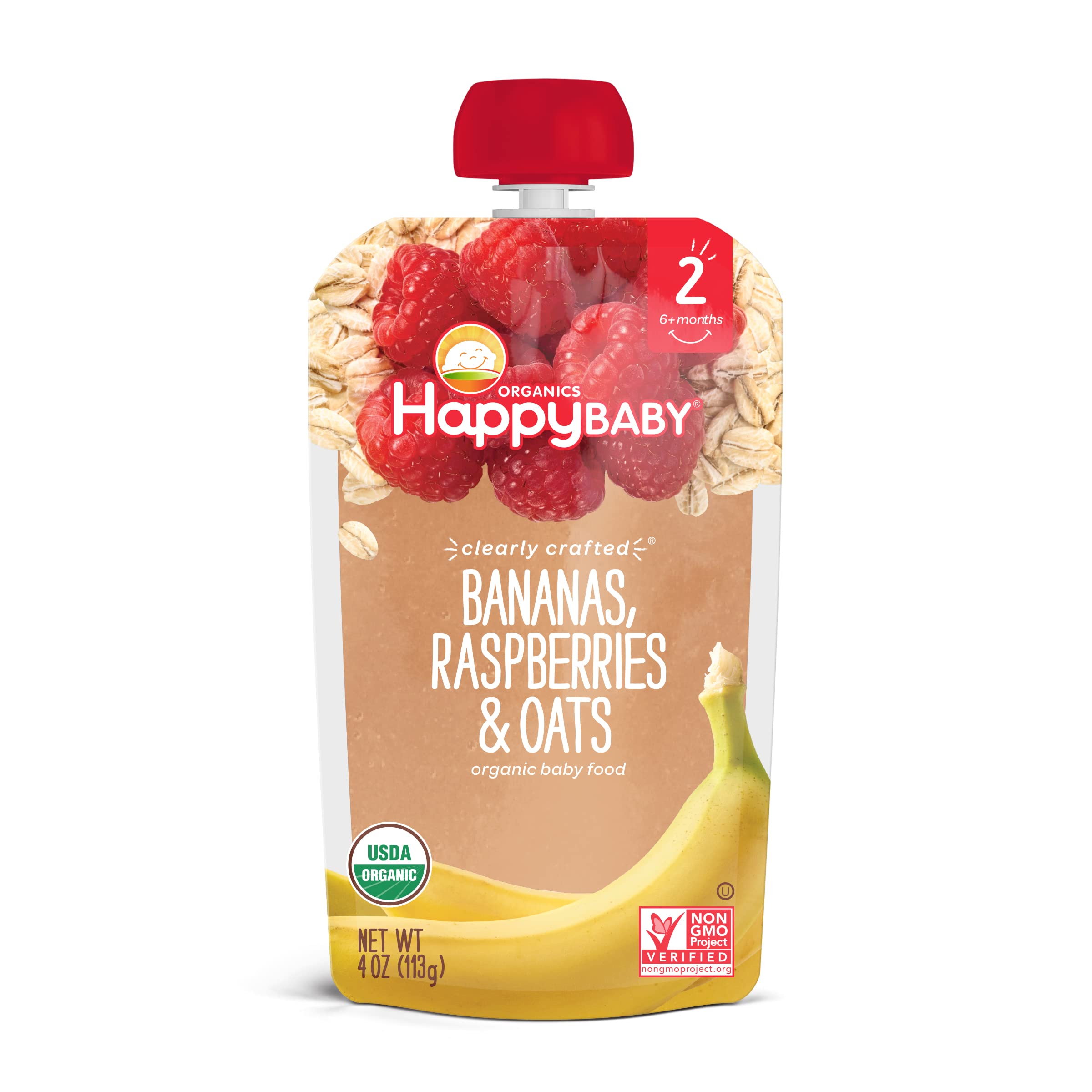 Happy Baby Organics pouch with clear packaging displaying ingredients for transparency