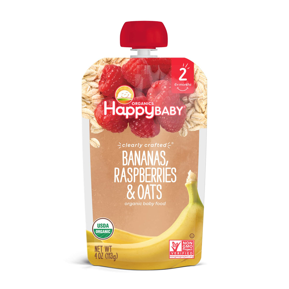 Happy Baby Organics pouch with clear packaging displaying ingredients for transparency