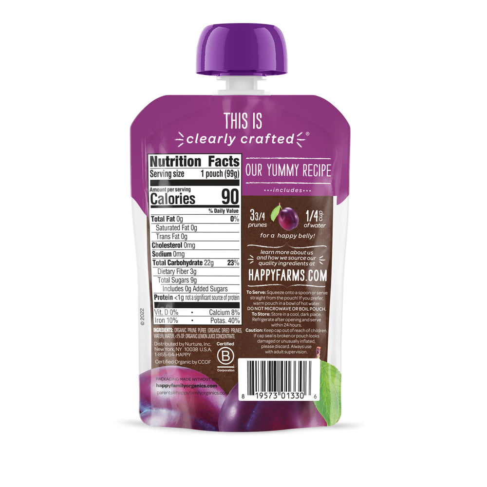 Happy Baby Organics silky prune puree texture in Stage 1 pouch, ideal for tiny tastes.