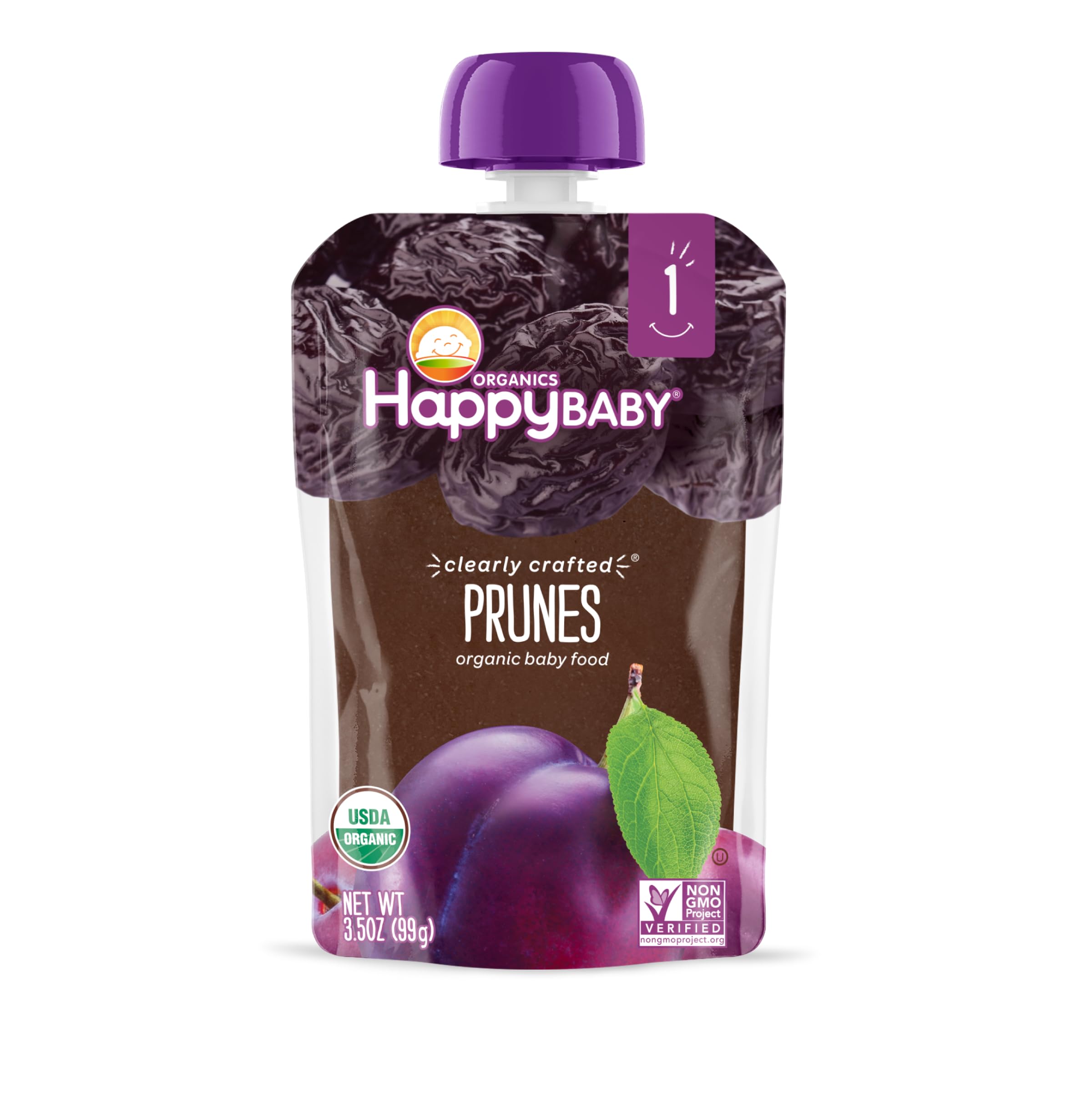 Happy Baby Organics Stage 1 prunes puree pairs with water for smooth texture.