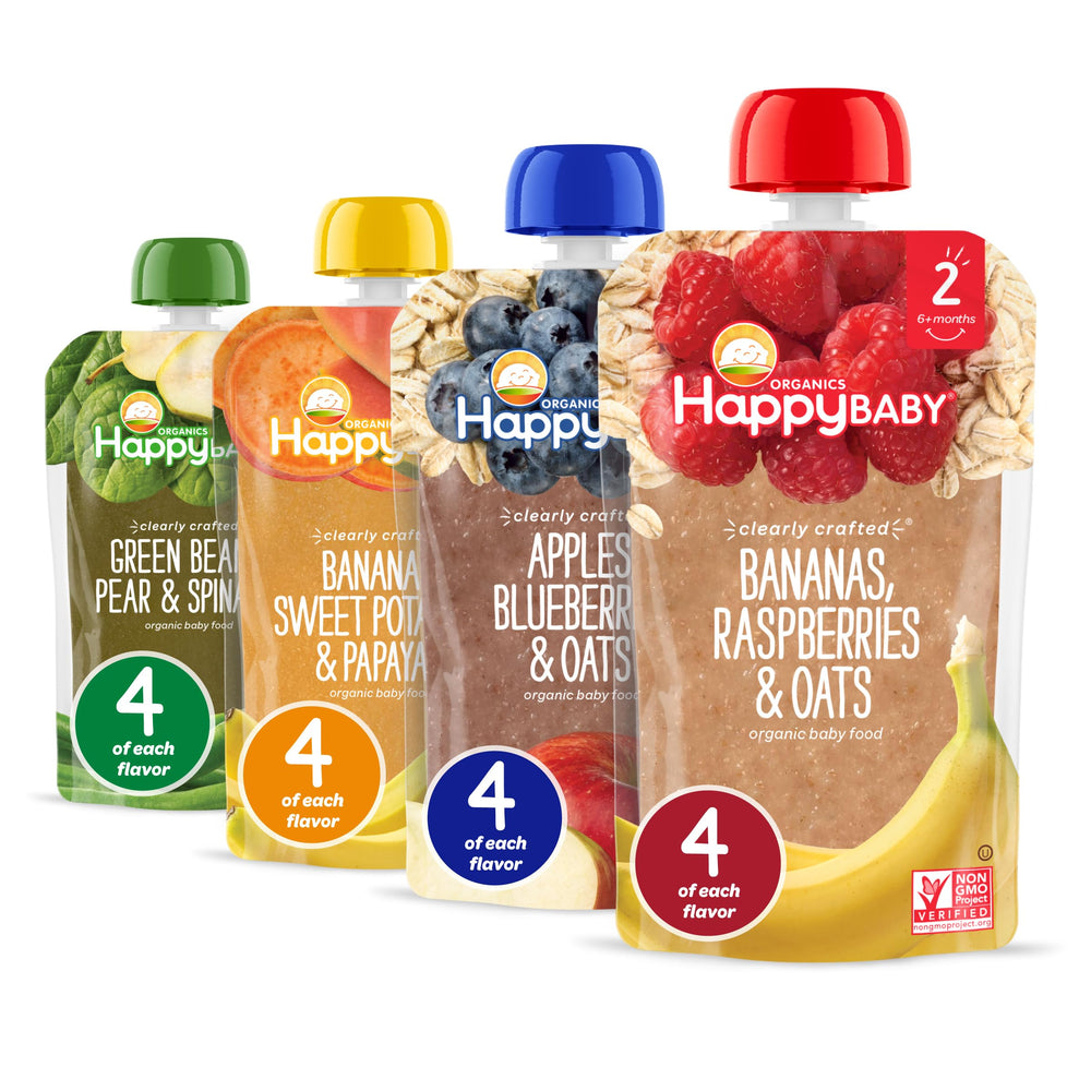 Happy Baby Organics Stage 2 pouches front view showing vibrant puree colors