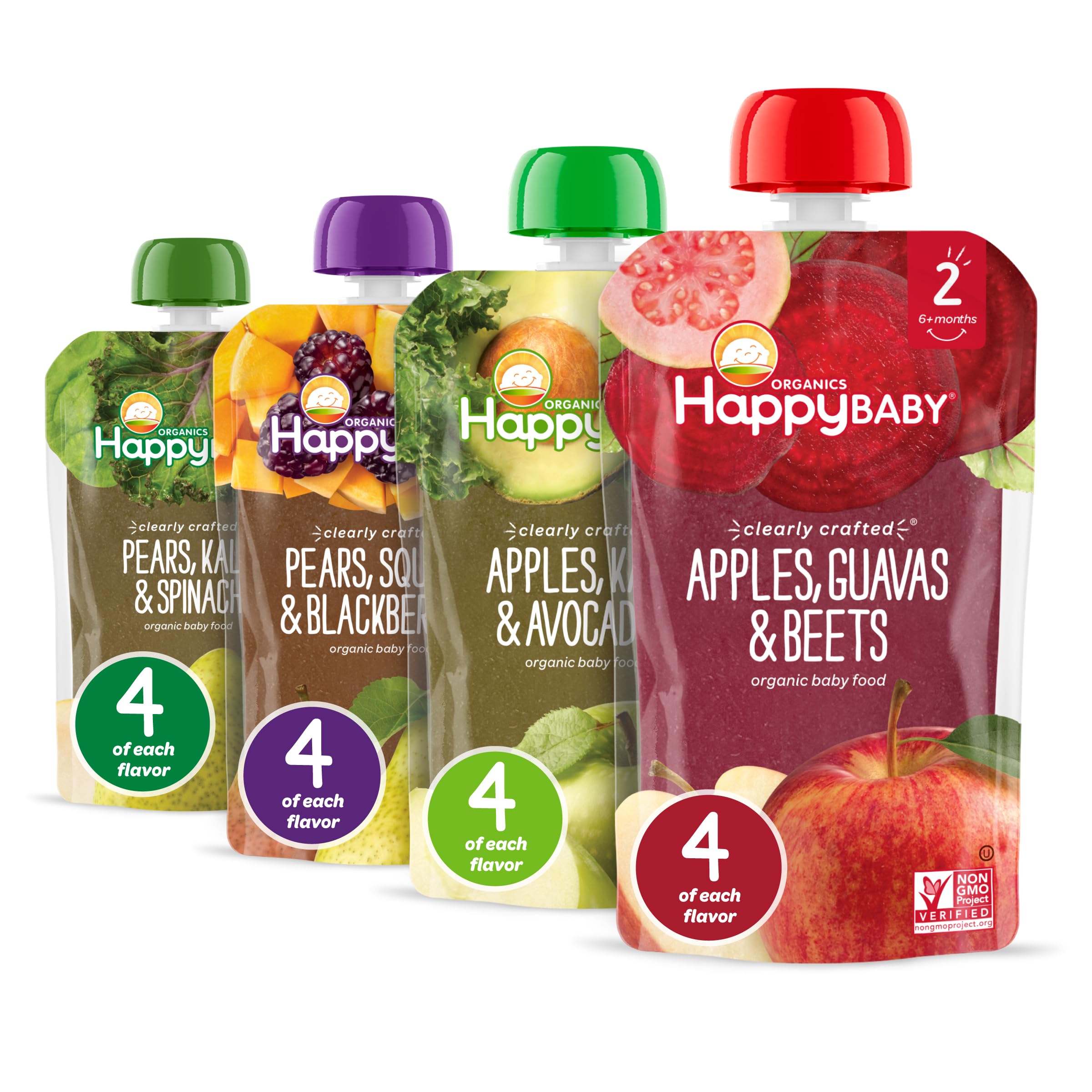 Happy Baby Organics Stage 2 pouches variety pack front view showing vibrant puree