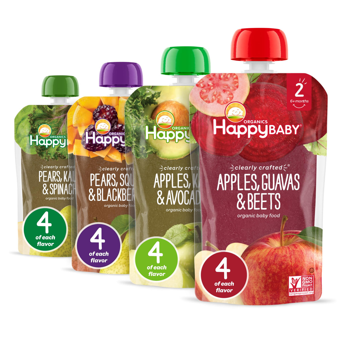Happy Baby Organics Stage 2 pouches variety pack front view showing vibrant puree