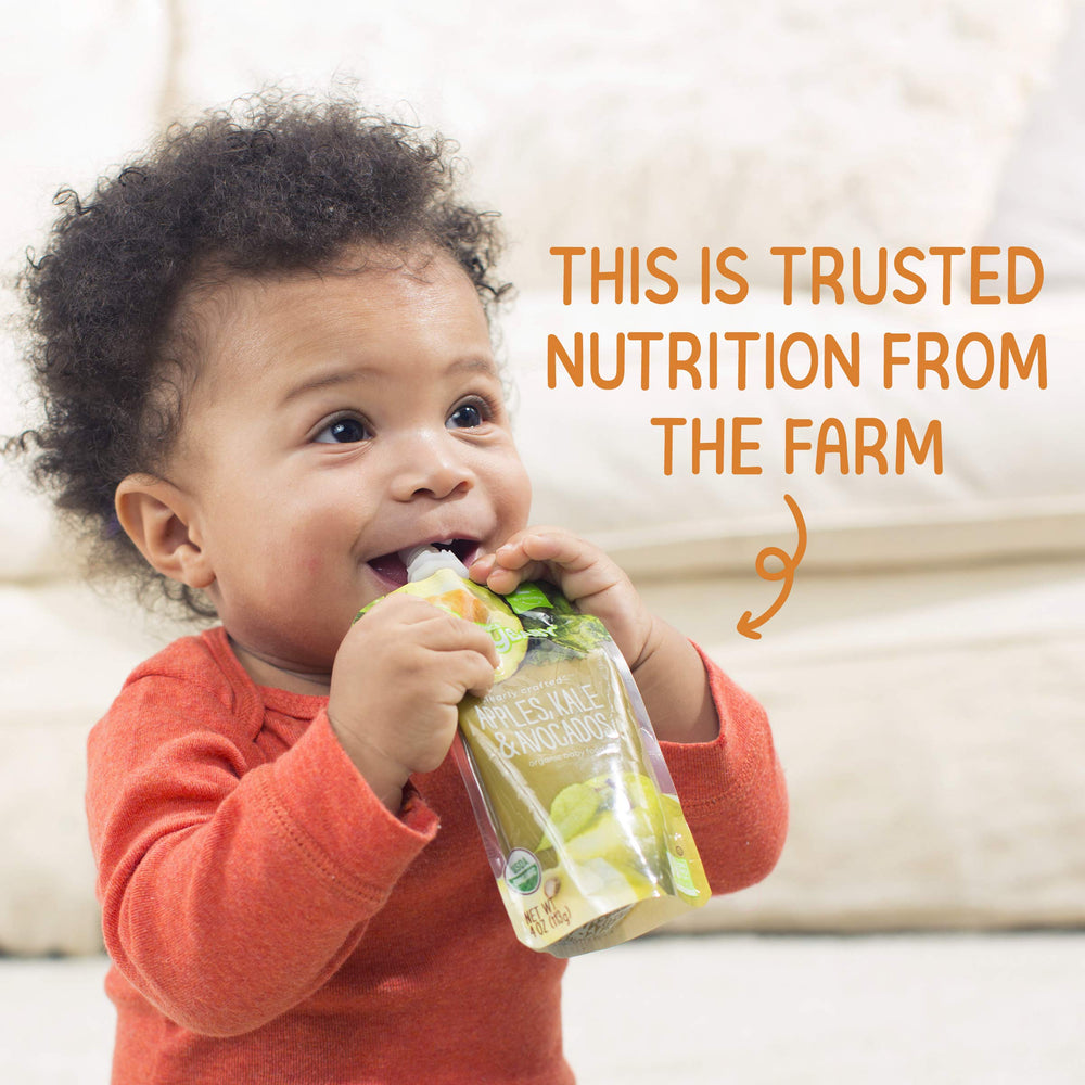 Stage 2 puree in Happy Baby Organics pouch, easy feeding for exploring babies