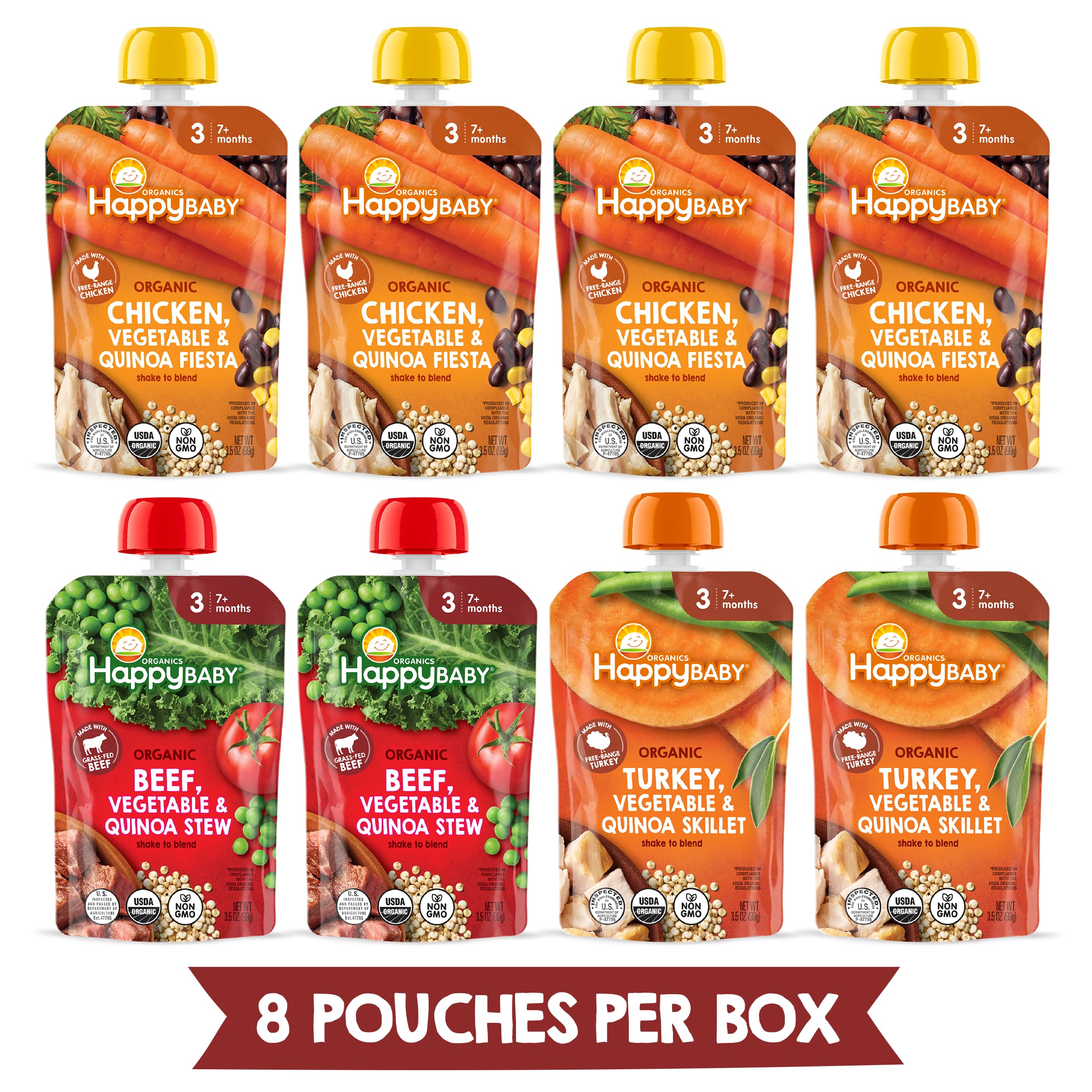 Happy Baby Savory Blends Stage 3 pouch emphasizes quinoa and harvest vegetables for texture-rich feeding.