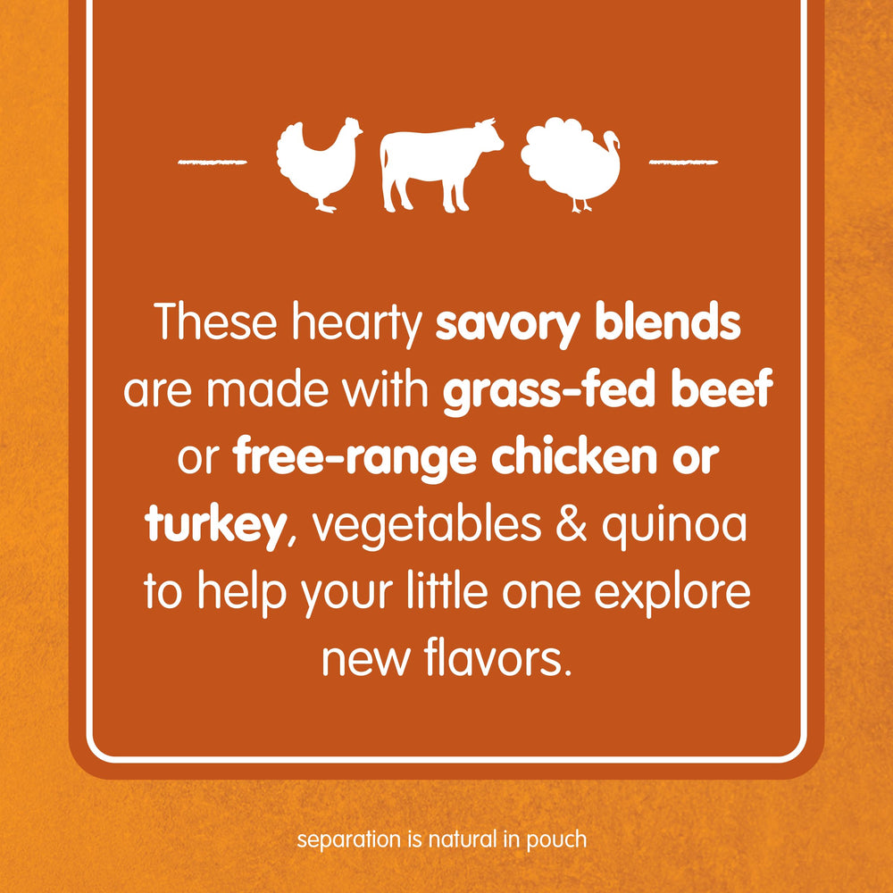 Happy Baby turkey-vegetables-quinoa pouch showcases unsalted, kid-friendly flavor for tastier mealtime.