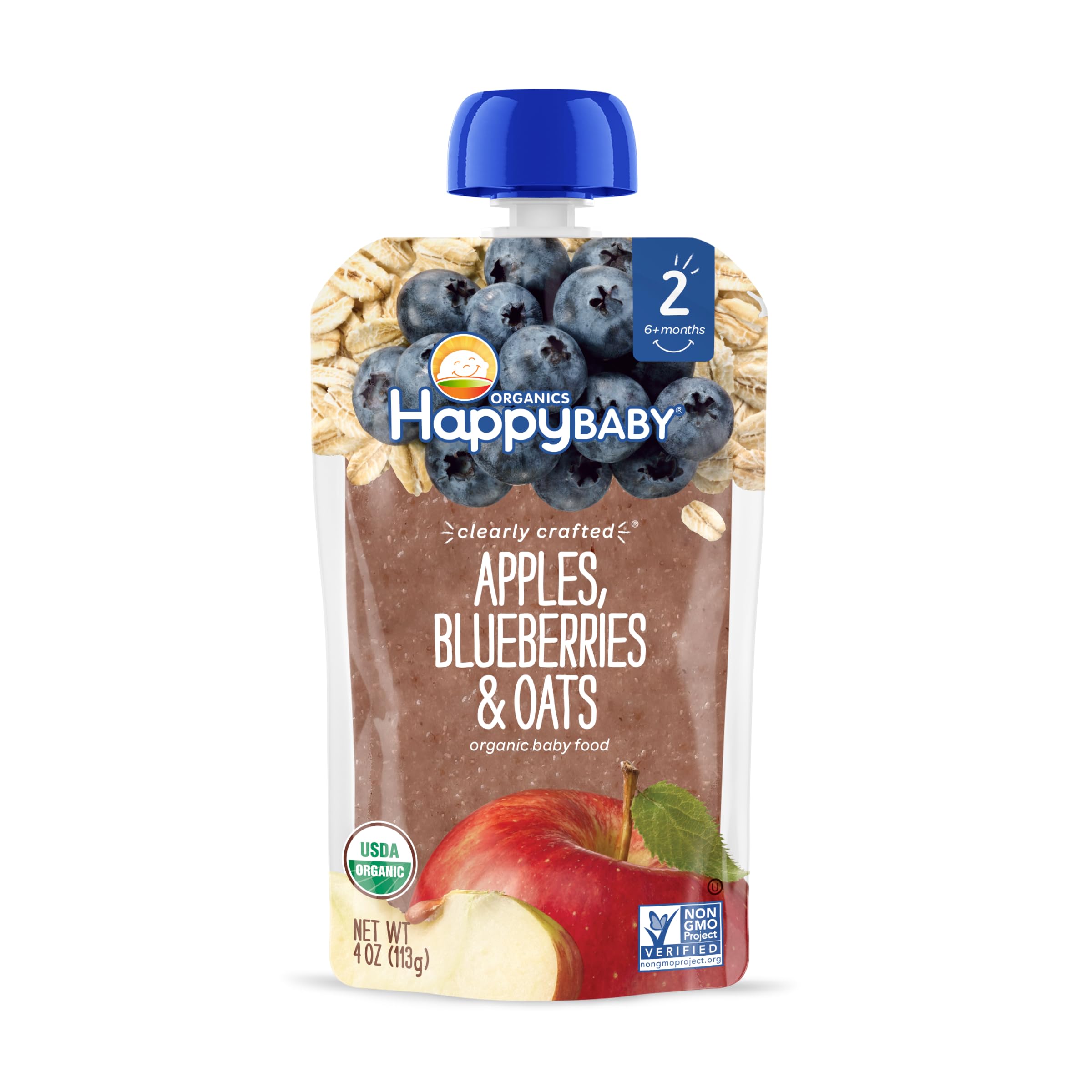 Happy Baby Stage 2 pouch with nutrition label visible for quick checks.