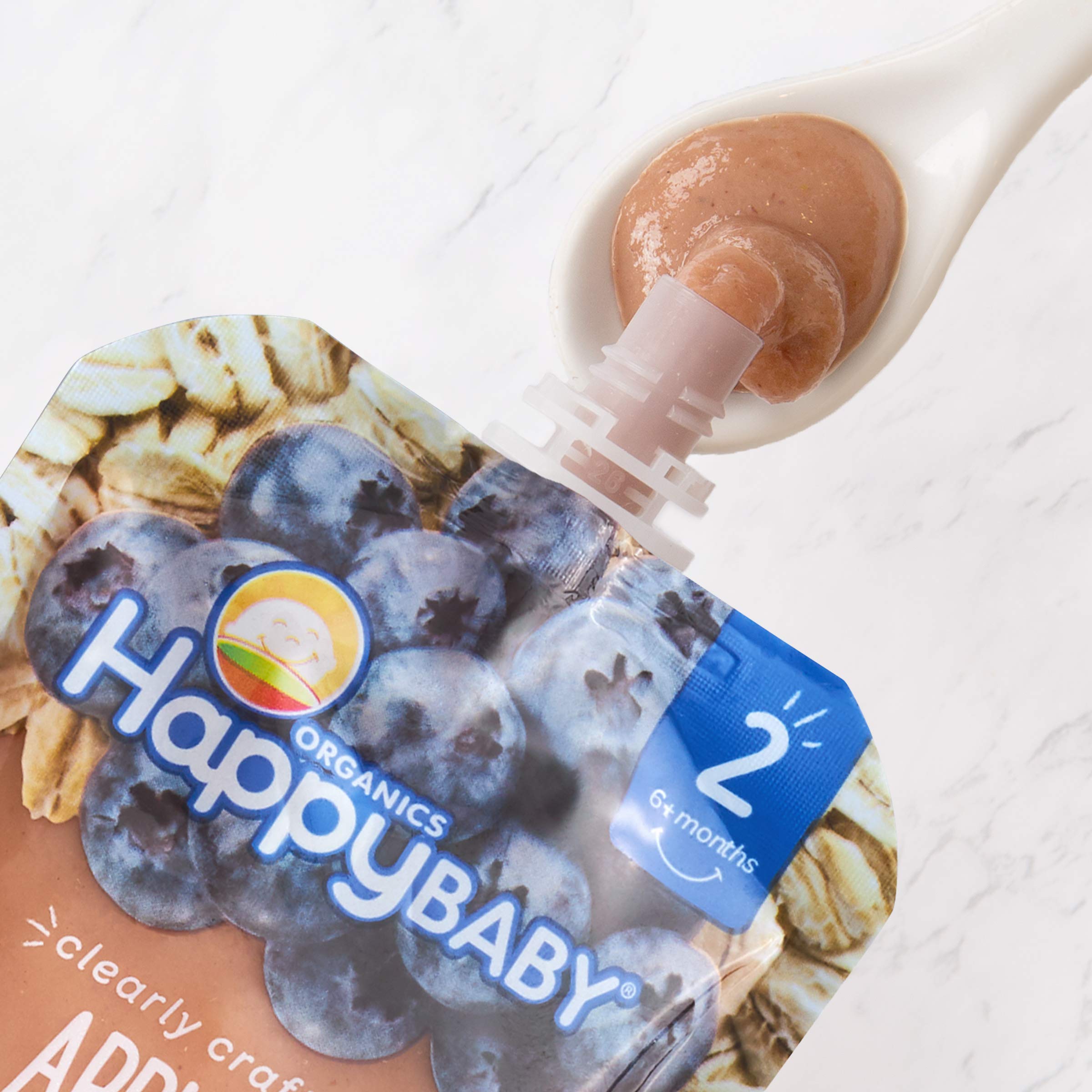 Happy Baby Stage 2 on-the-go snack ideal for travel and meals.