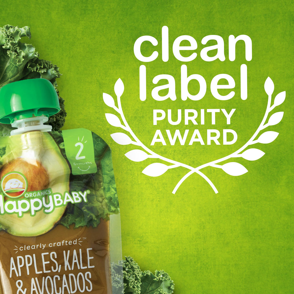Happy Baby Stage 2 pouch cap and seal, convenient for quick meals on the go.