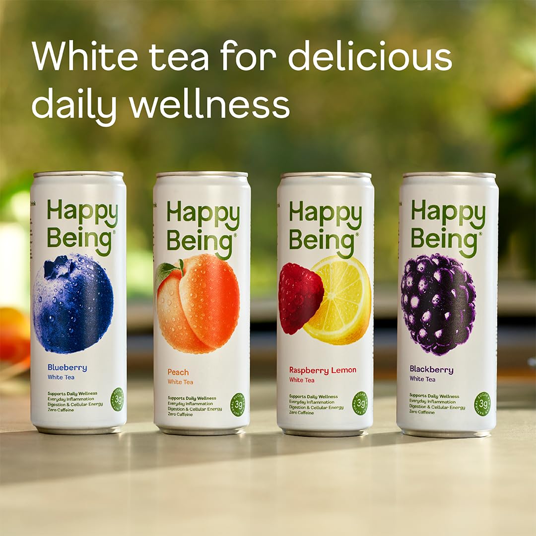 Happy Being White Tea Blackberry bottle pour offers fruity notes with low sugar.