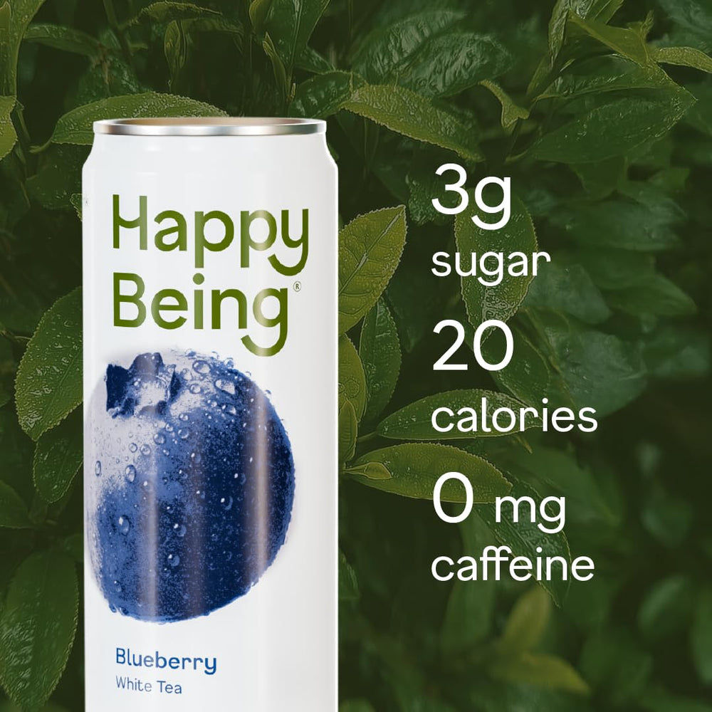 Happy Being White Tea Turmeric Elderberry ingredients close up showcase natural wellness.