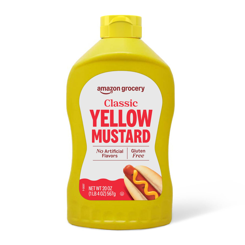 Happy Belly Amazon Grocery Classic Yellow Mustard bottle front view for everyday flavor