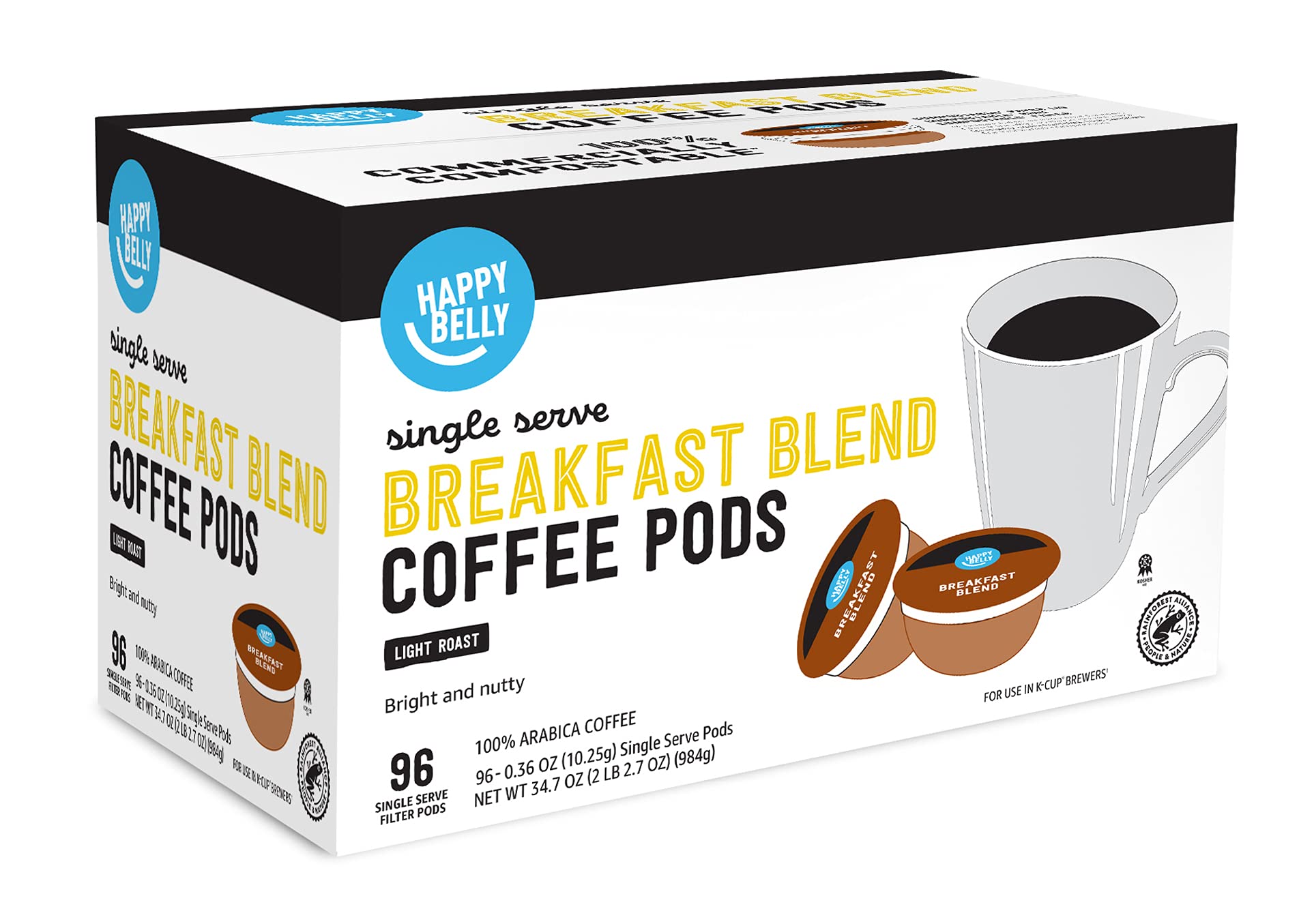Happy Belly Breakfast Blend pods with Rainforest Alliance certification