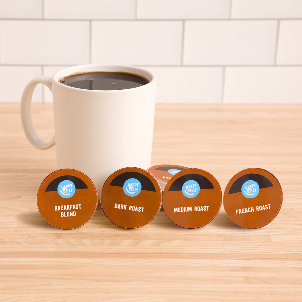 Happy Belly breakfast-blend pods arranged for quick morning brews