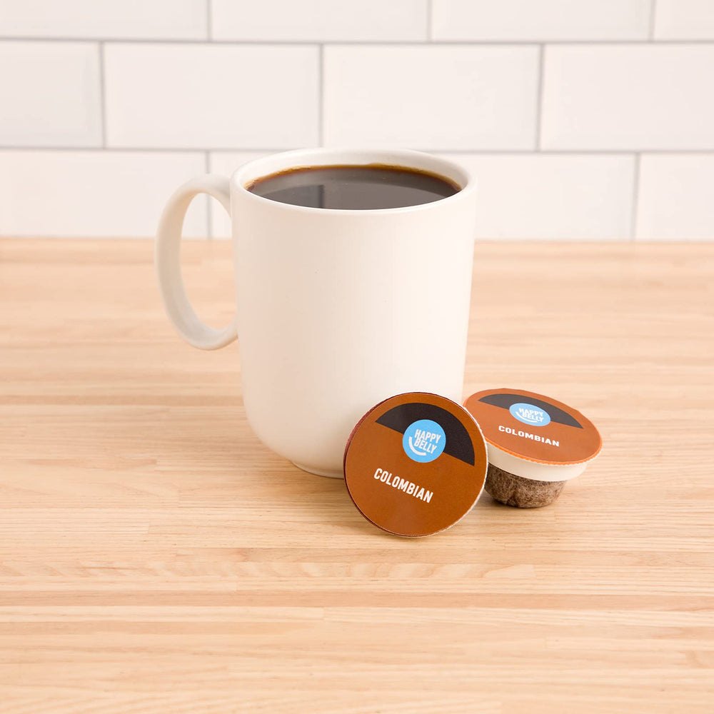 Happy Belly Colombian pods release rich aroma for a comforting cup.