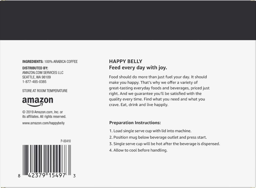 Happy Belly dark roast pods compatible with Keurig 1.0 and 2.0 brewers.