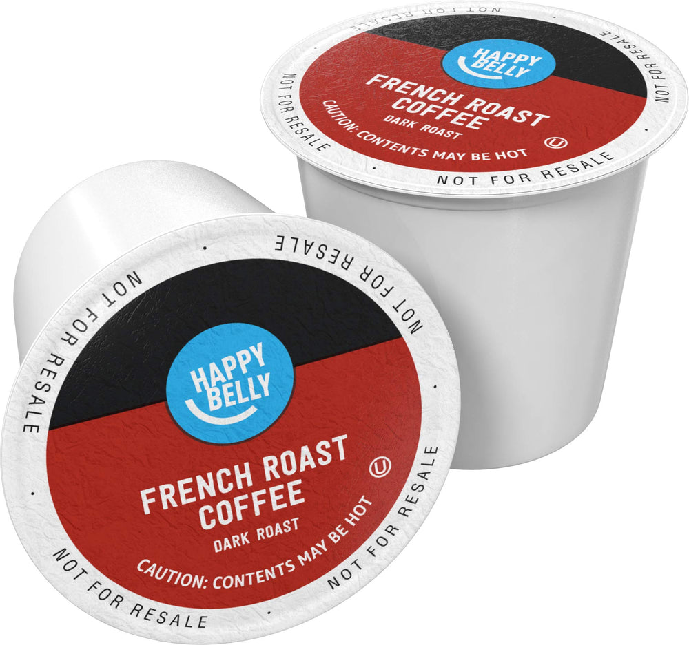 Happy Belly dark roast pods in French Roast box offer bold aroma for mornings.