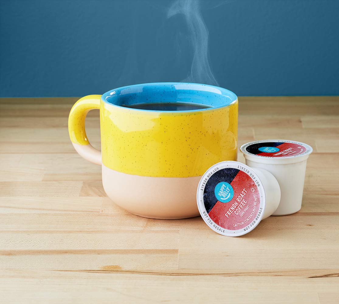 Happy Belly French Roast cup with steam highlighting a smooth finish for daily rituals