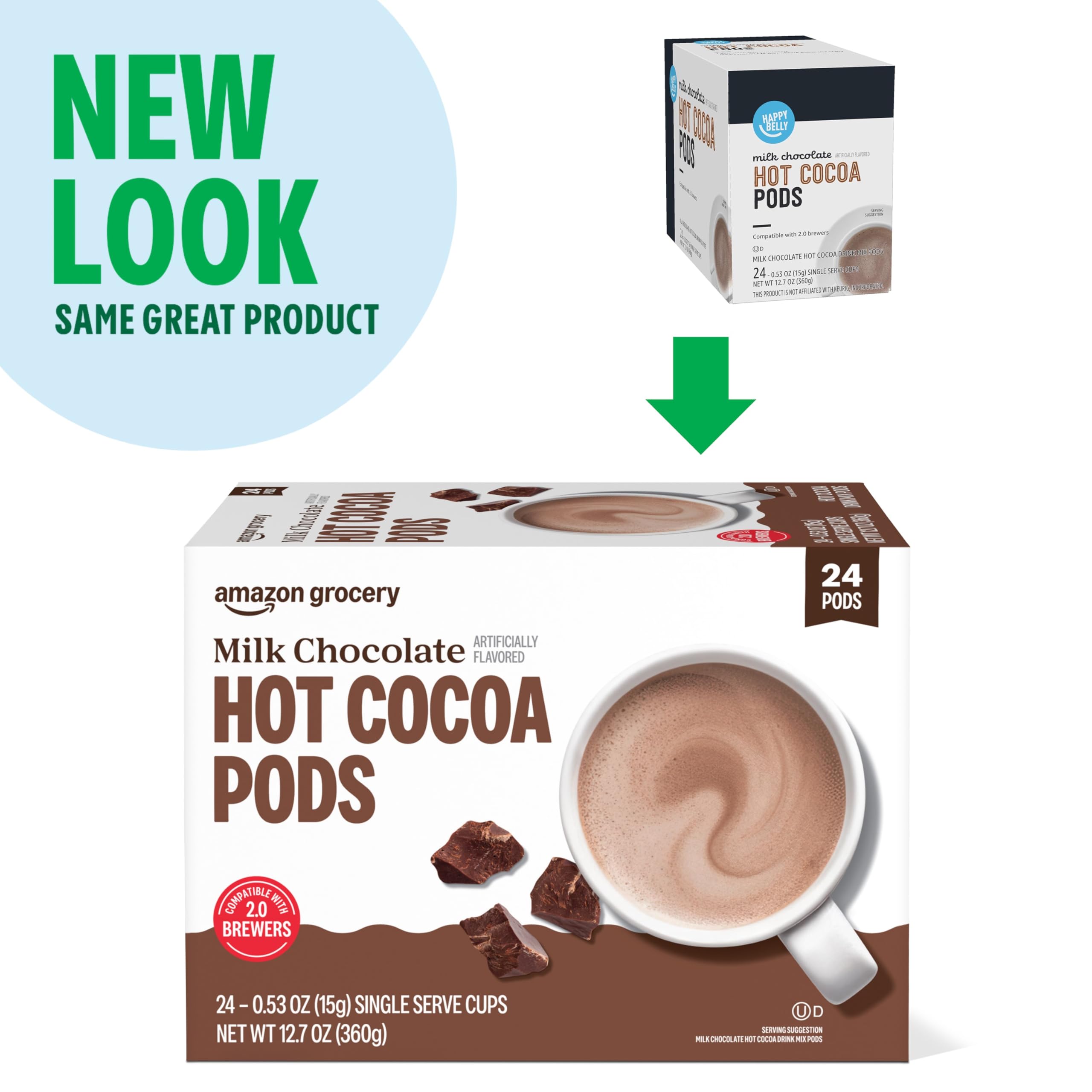 Happy Belly hot cocoa pods dispensed cup capturing everyday comfort in minutes