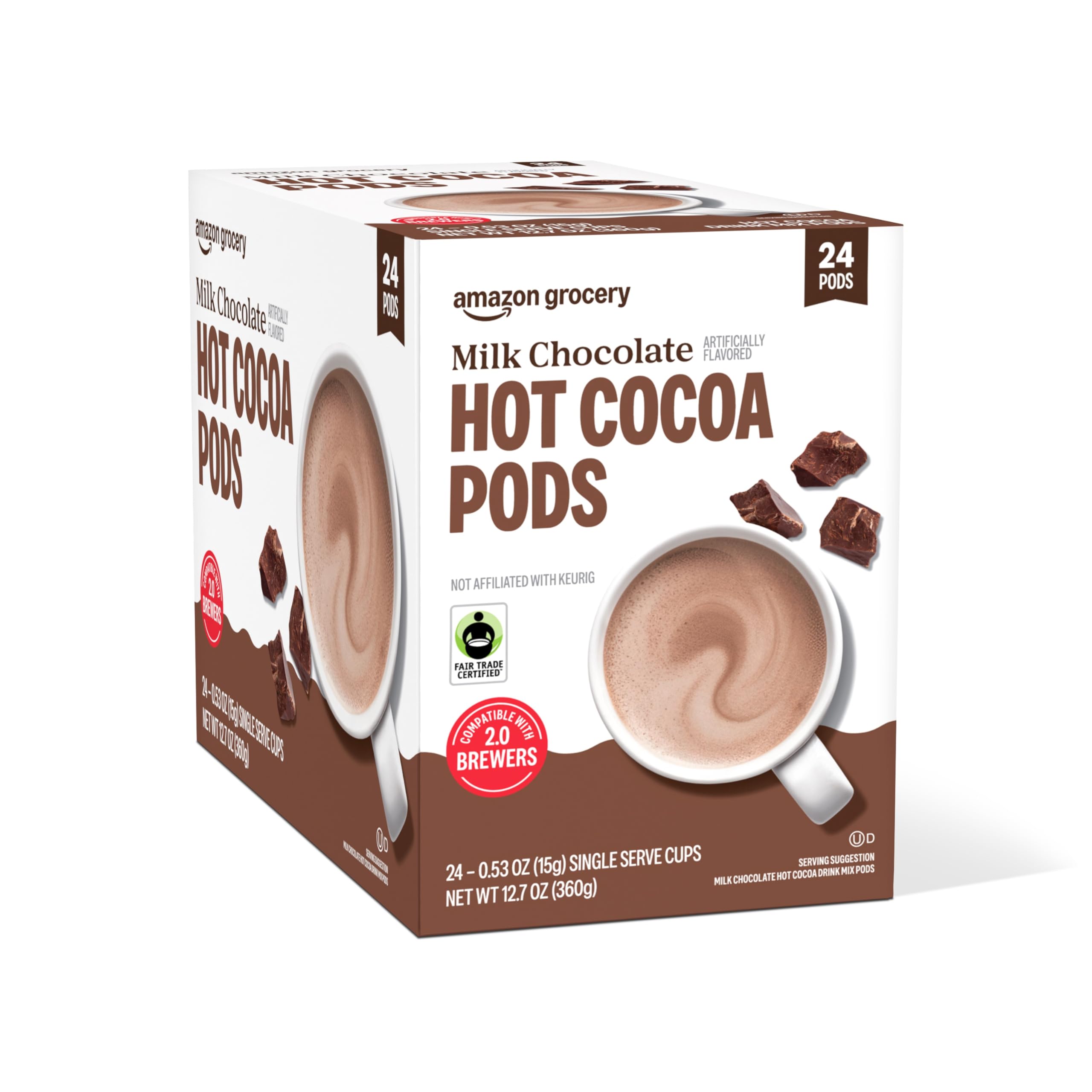 Happy Belly hot cocoa pods in a K-Cup brewer illustrating compatibility with popular machines