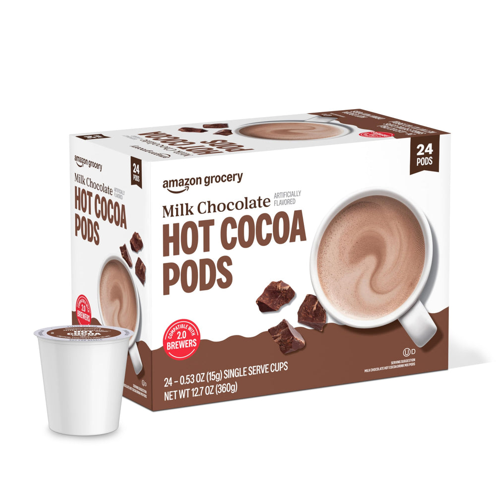 Happy Belly hot cocoa pods near ingredients highlighting milk presence