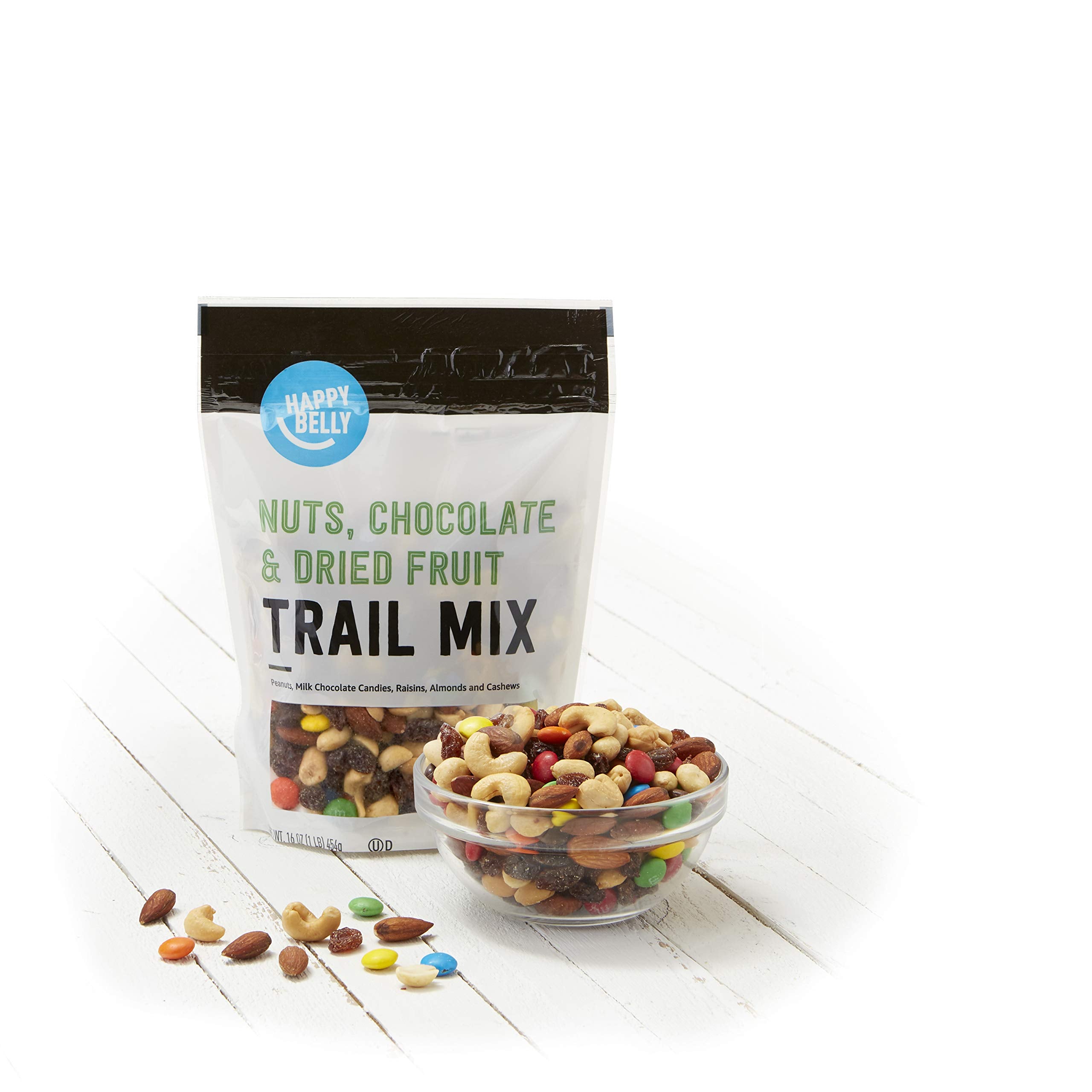 Happy Belly Trail Mix resealable bag on counter.