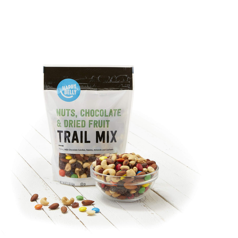 Happy Belly Trail Mix resealable bag on counter.