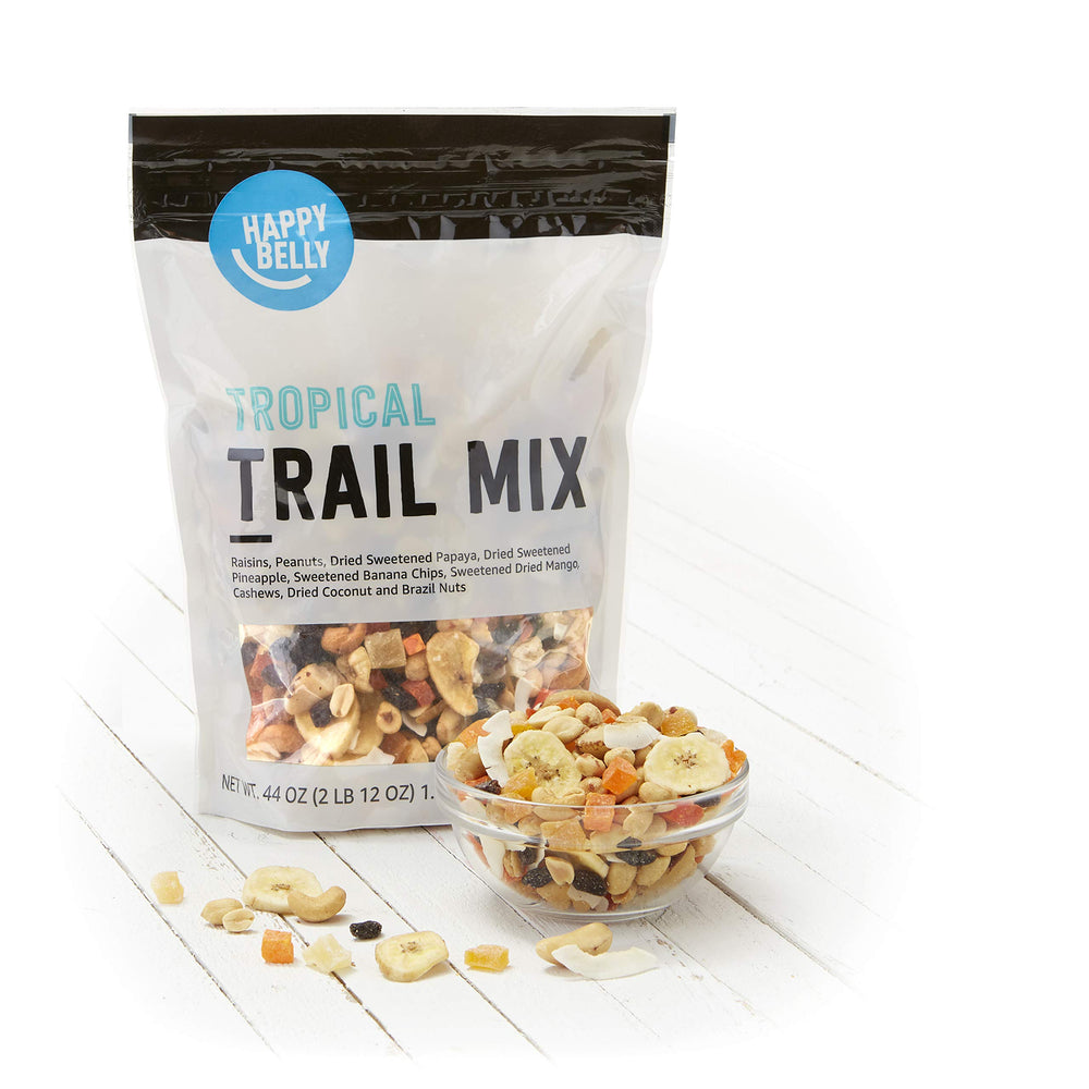 Happy Belly Tropical fruit chips closeup highlighting coconut chips.