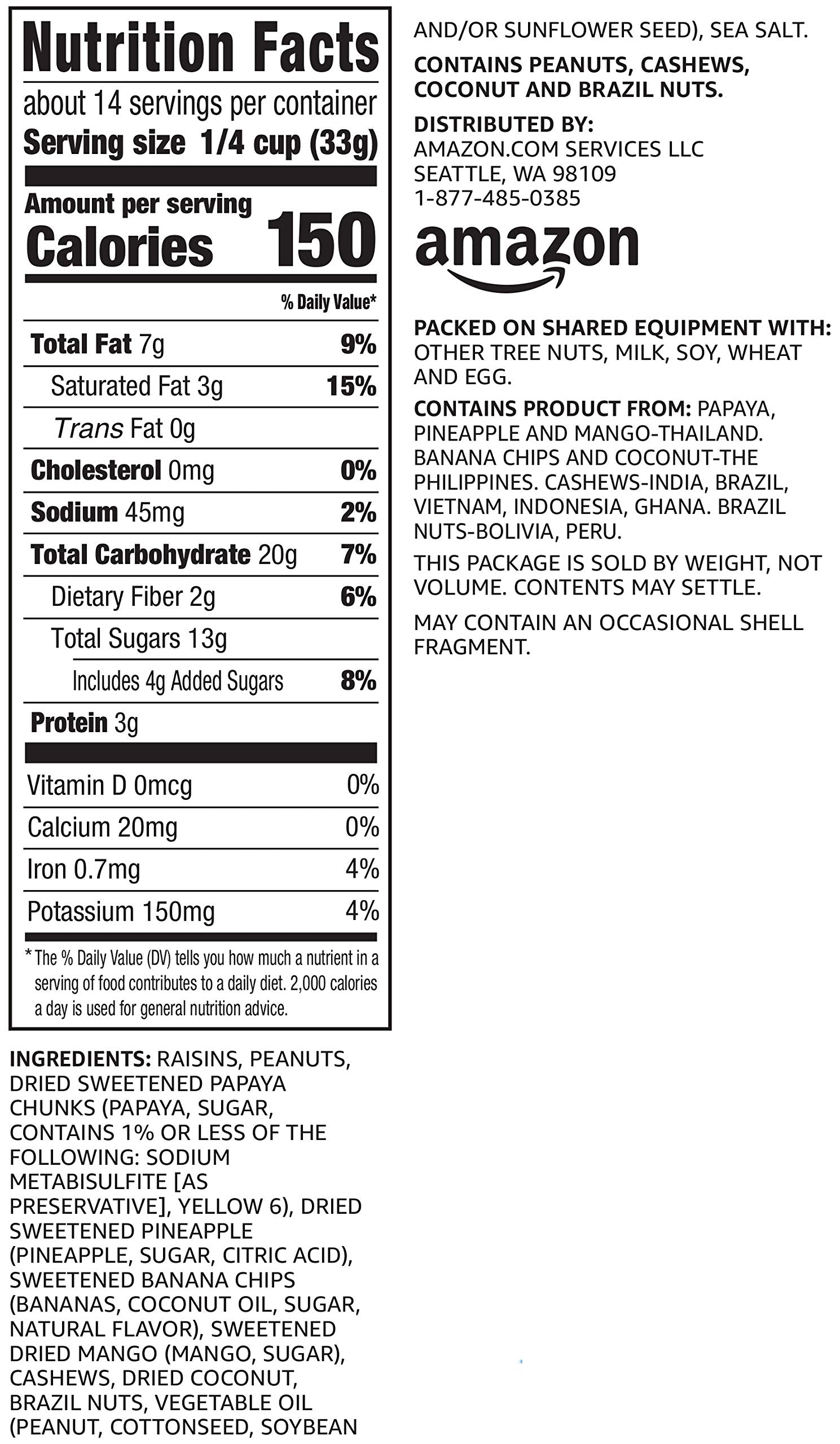 Close-up of mixed nuts and dried fruit in Happy Belly Tropical Trail Mix, on-the-go.