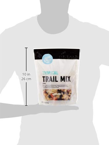 Two stand-up resealable bags of Happy Belly Tropical Trail Mix for freshness.