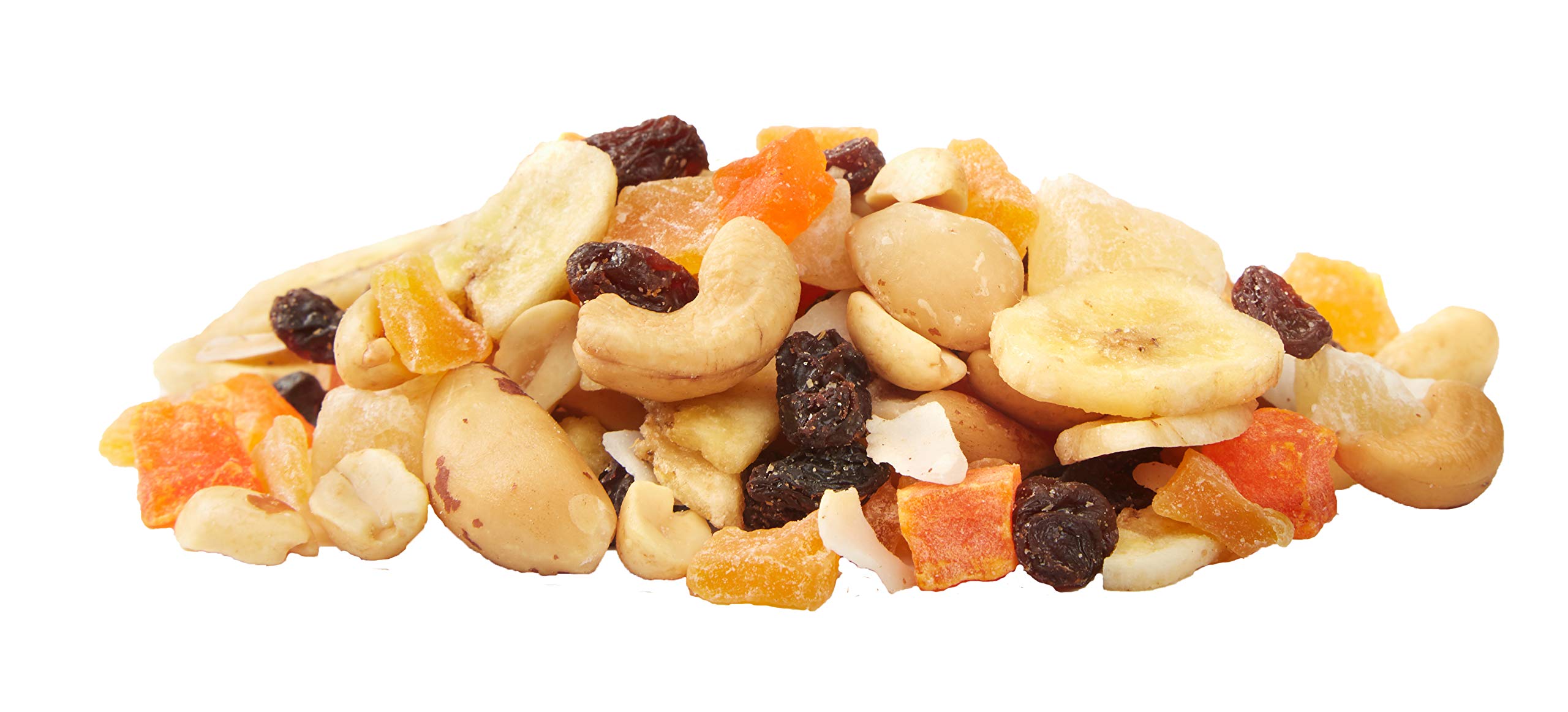 Happy Belly Tropical Trail Mix texture closeup with chewy and crunchy elements.