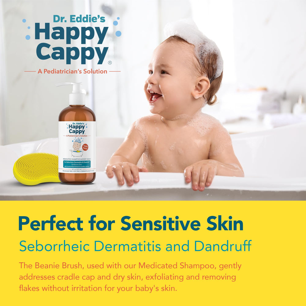 Happy Cappy cradle cap care application using the shampoo and brush together