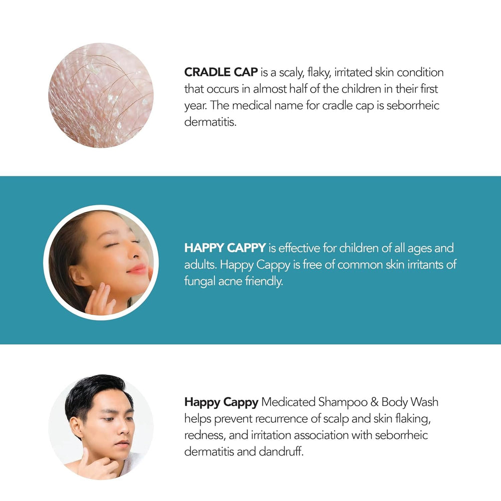 Happy Cappy creamy lather shown for mild cleansing of scalp and skin.