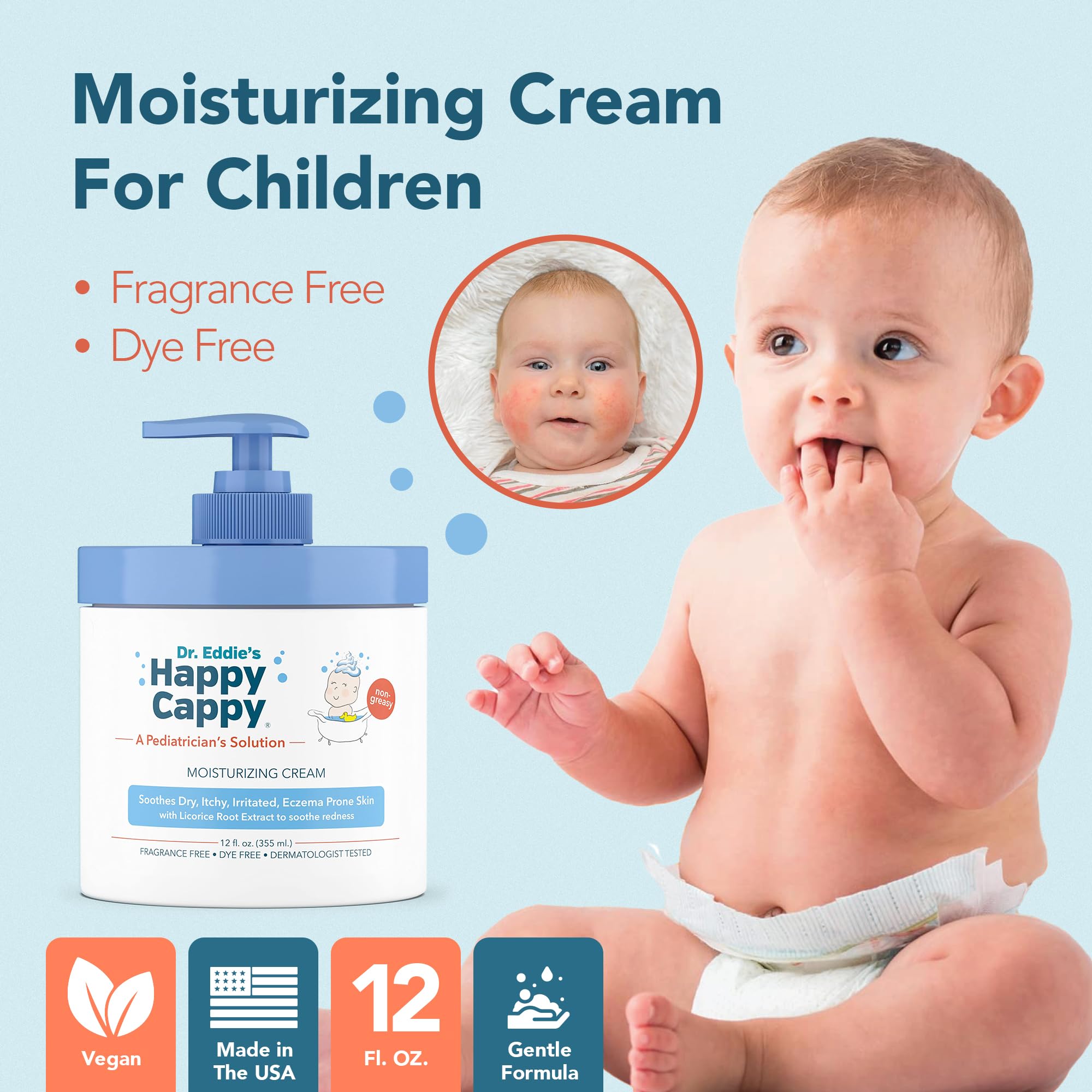 Happy Cappy dermatology-tested label indicating pediatrician-developed formula.