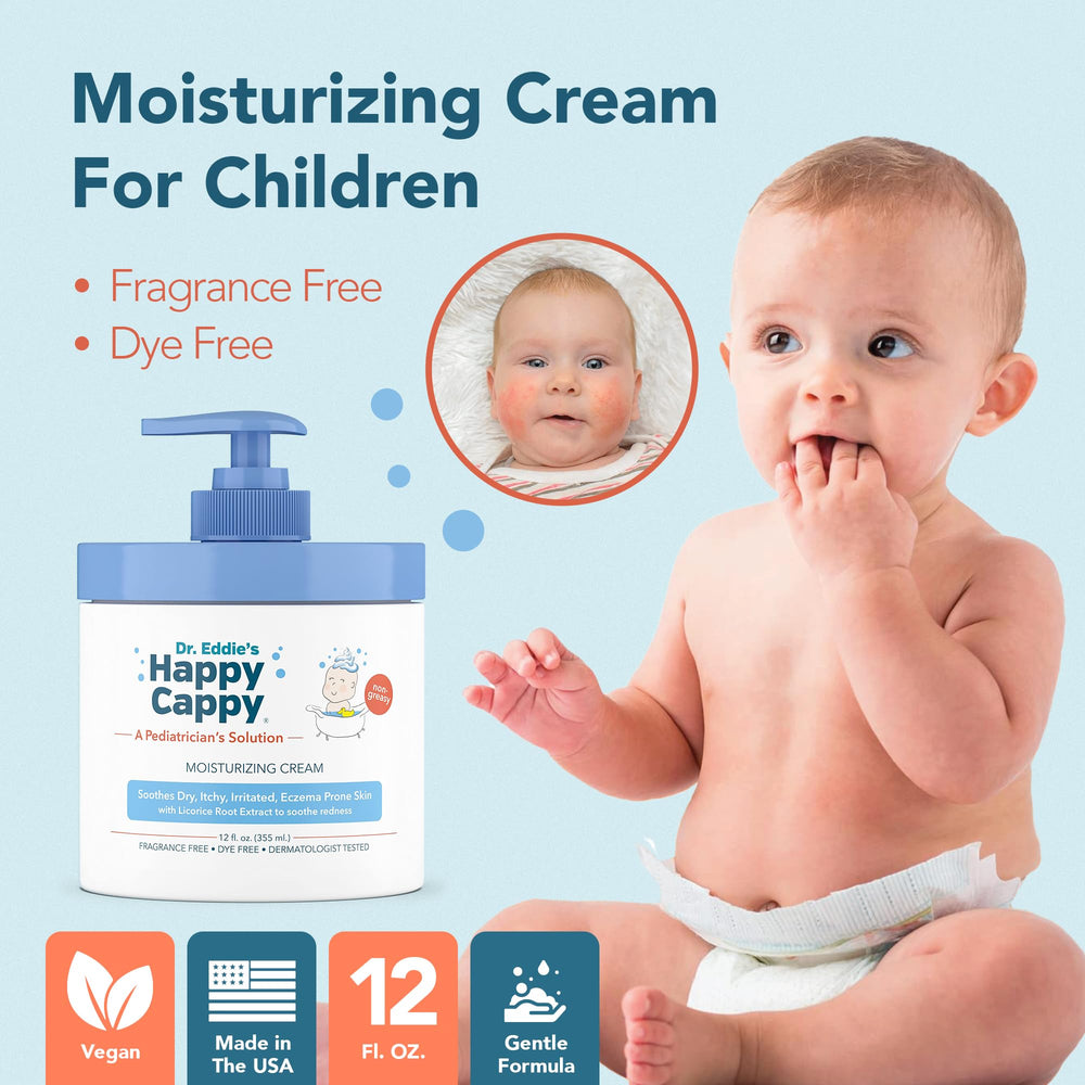 Happy Cappy dermatology-tested label indicating pediatrician-developed formula.
