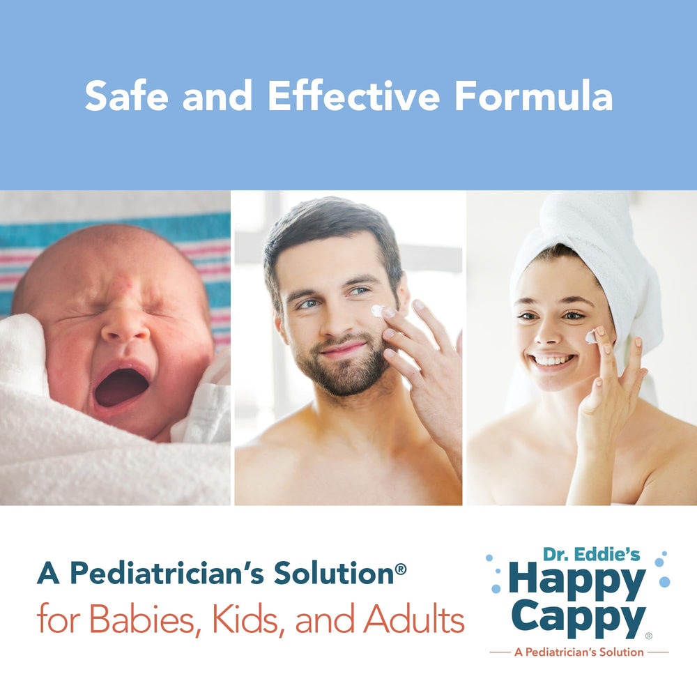 Happy Cappy product usage card showing face and body application for daily hydration.