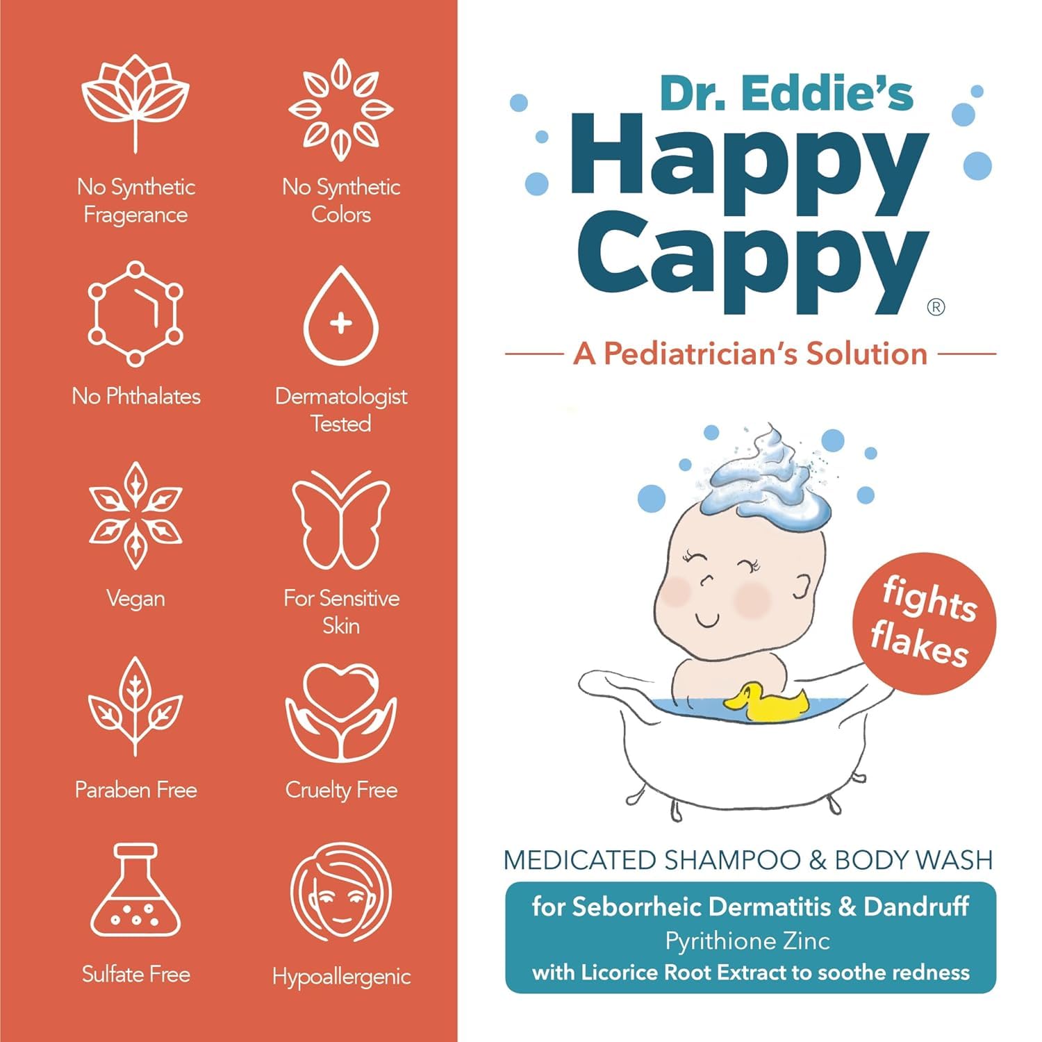 Happy Cappy fragrance-free label emphasizes gentle, dermatologist-tested baby care.