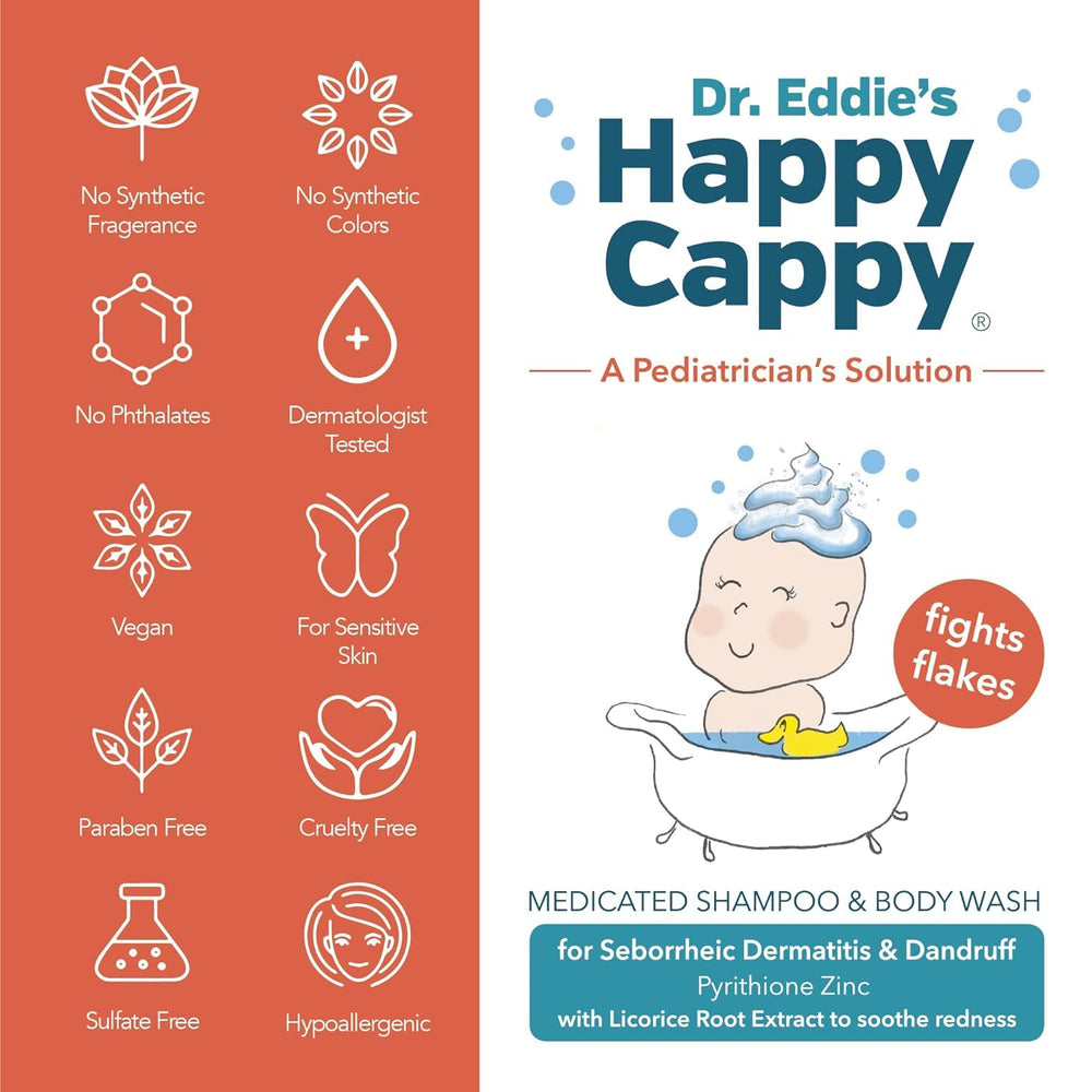 Happy Cappy fragrance-free label emphasizes gentle, dermatologist-tested baby care.
