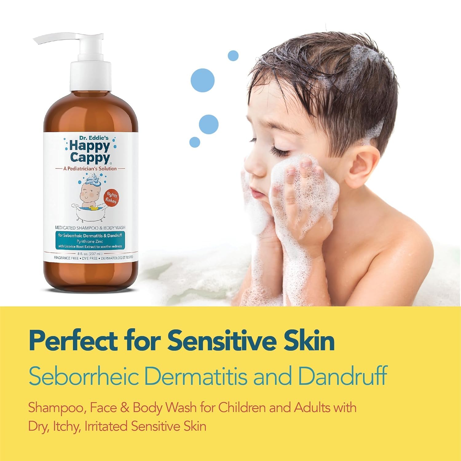 Happy Cappy bottle close-up highlights plant-based ingredients and gentle care.