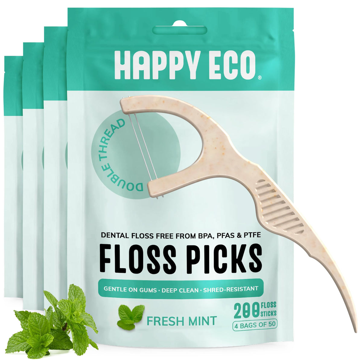 Happy Eco dental floss picks for teeth with mint glide between teeth for a clean feel