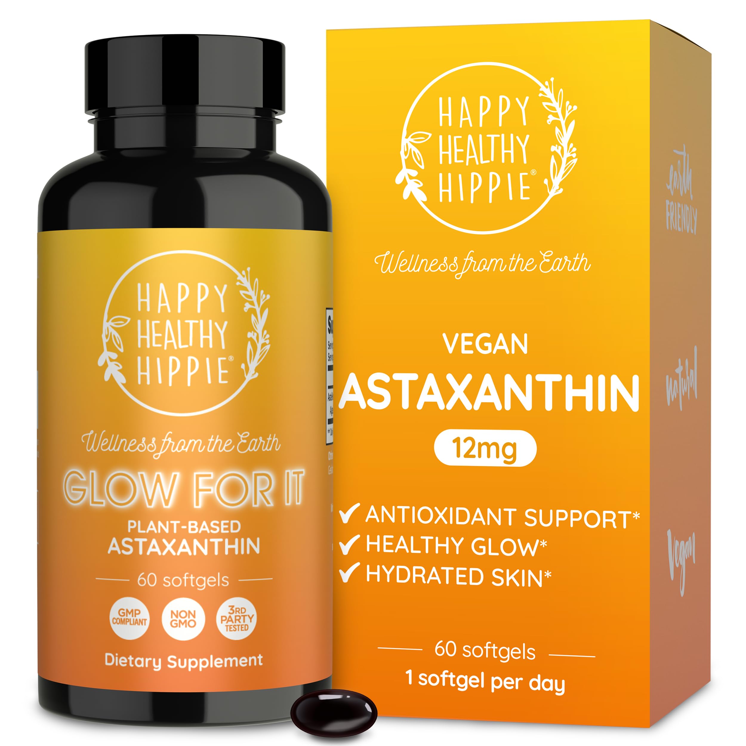 Happy Healthy Hippie astaxanthin bottle highlighting skin hydration benefits