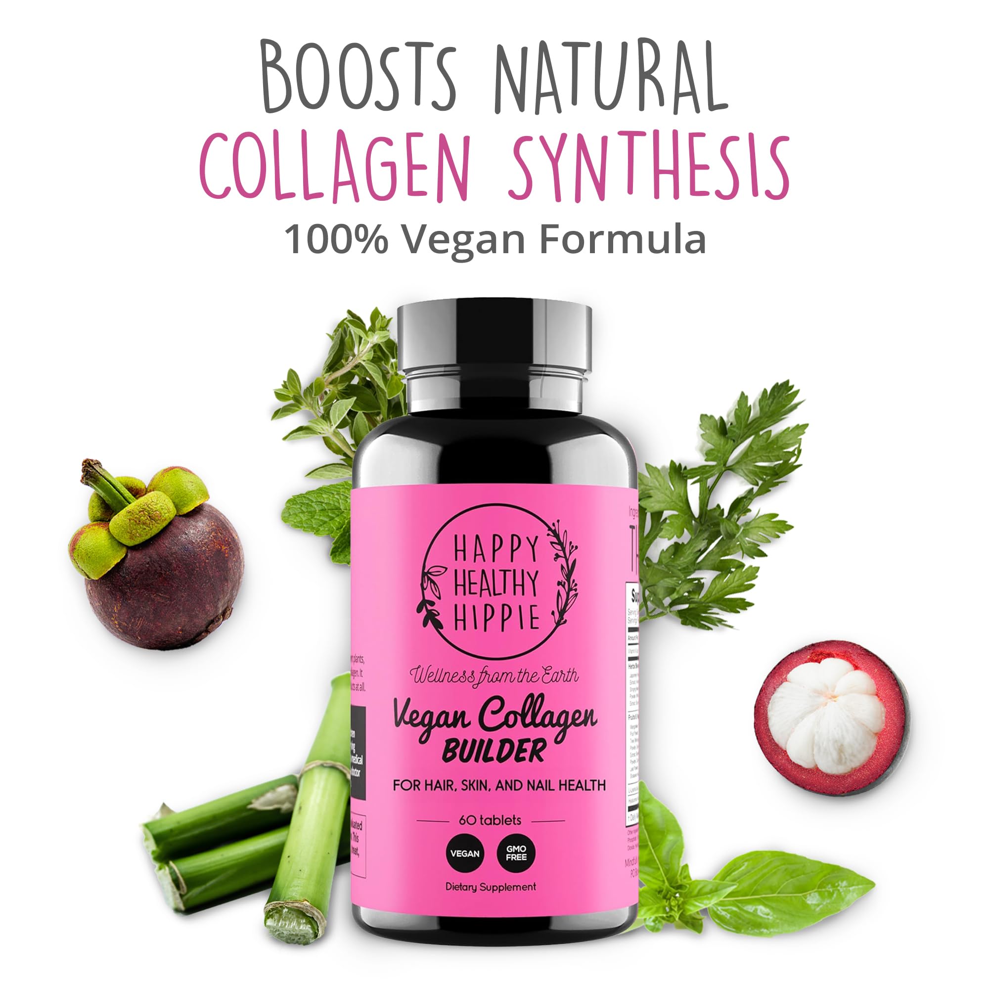 Happy Healthy Hippie vegan collagen builder bottle back highlights ingredient benefits for hair and nails.