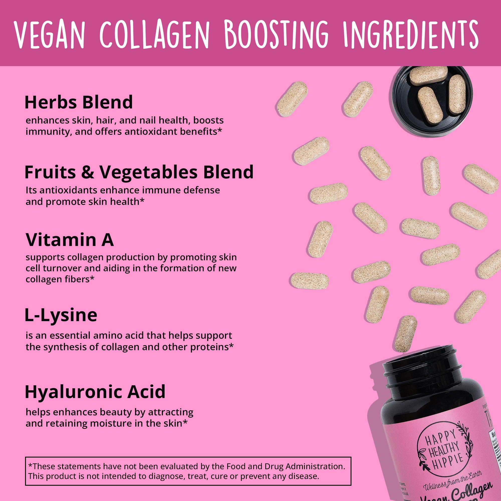 Happy Healthy Hippie vegan collagen builder daily dose in hand emphasizes easy routine.