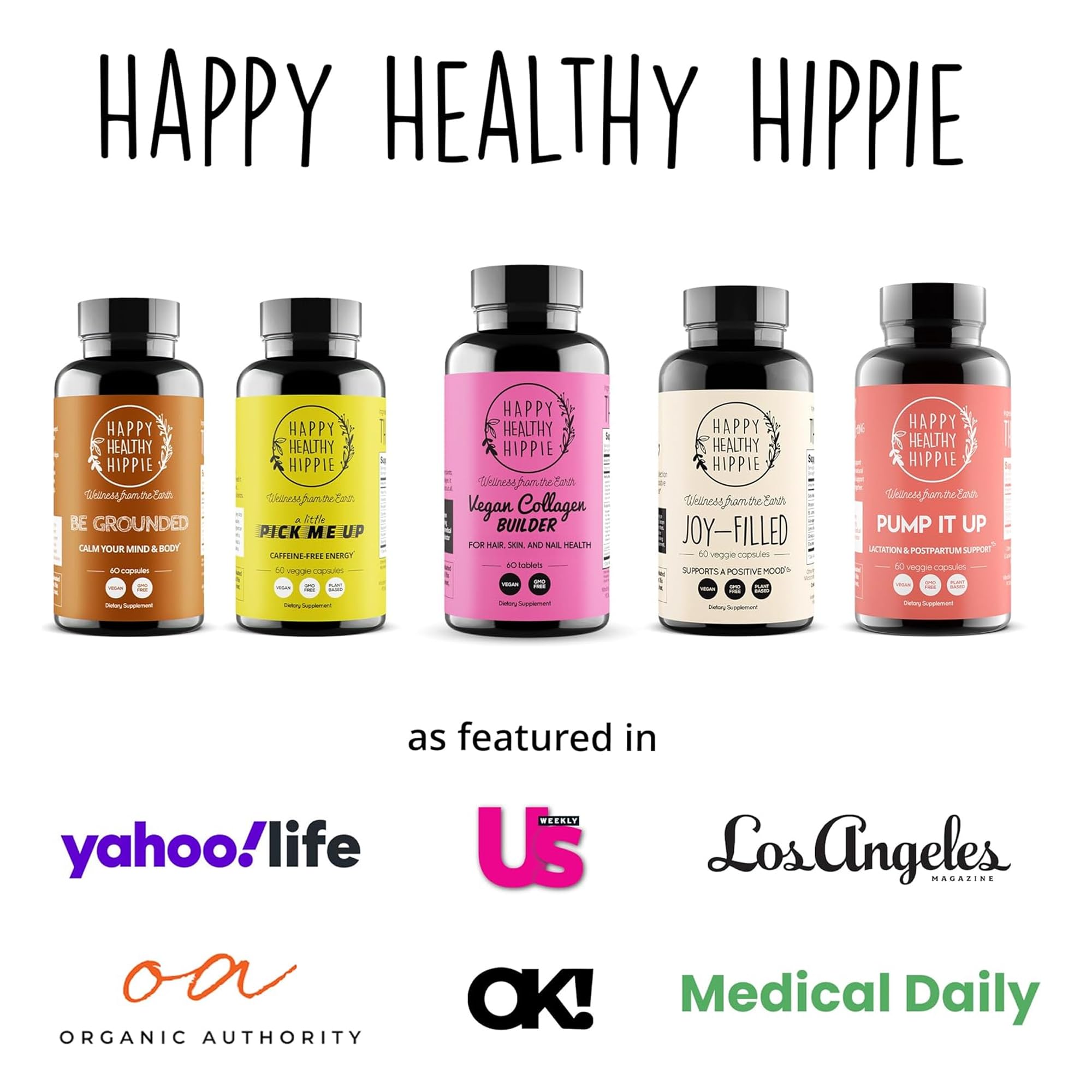 Happy Healthy Hippie vegan collagen builder promo card signals trusted, plant-powered wellness.