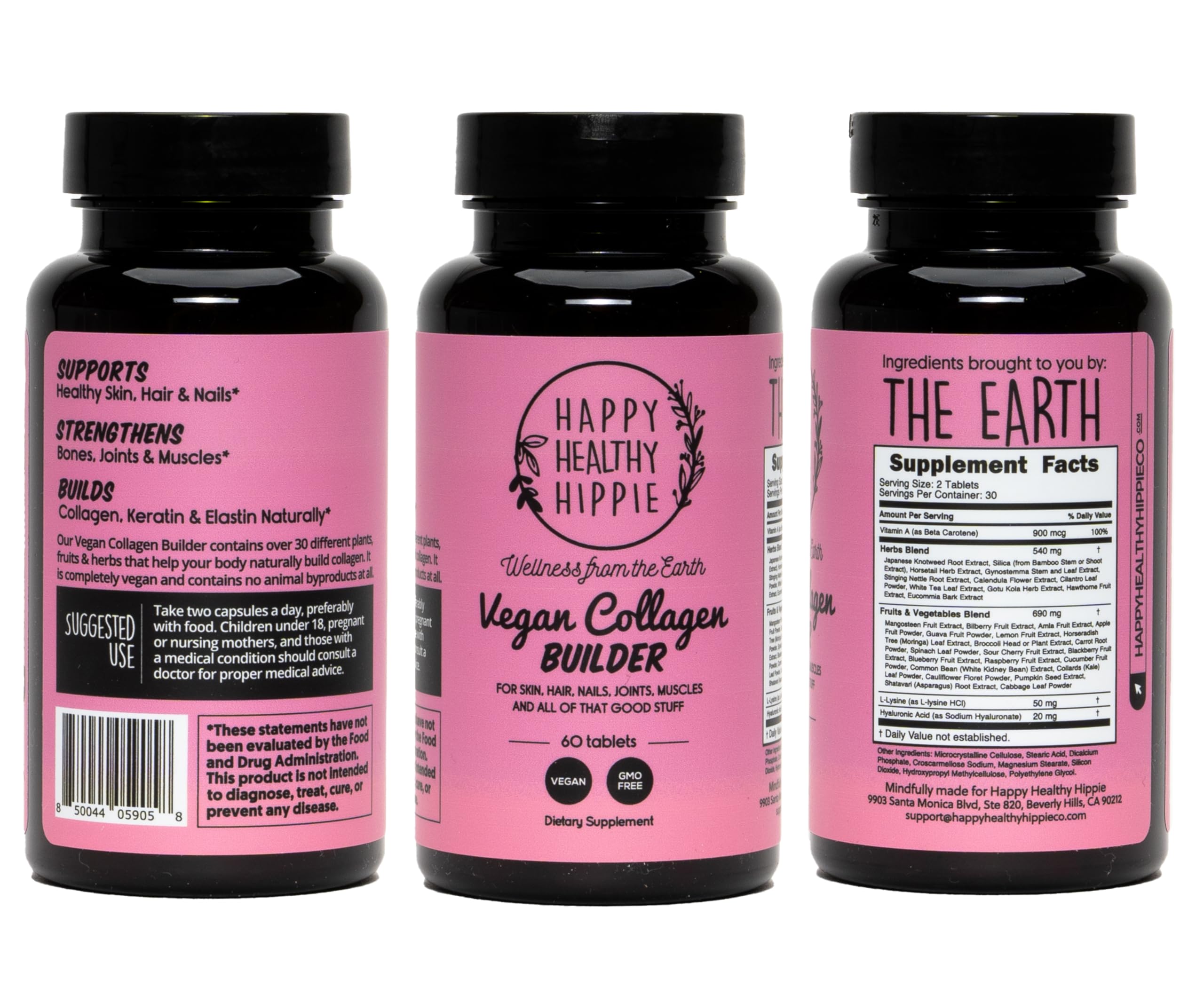 Happy Healthy Hippie vegan collagen builder shelf display highlights accessible supplement choice.
