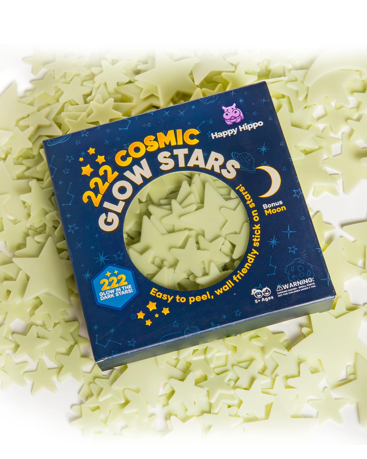 Happy Hippo stars of different sizes support exploration of space at night.